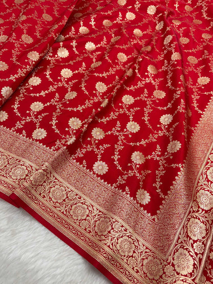 Red Satin Silk Banarasi Saree with Golden Zari Floral Bel Jaal