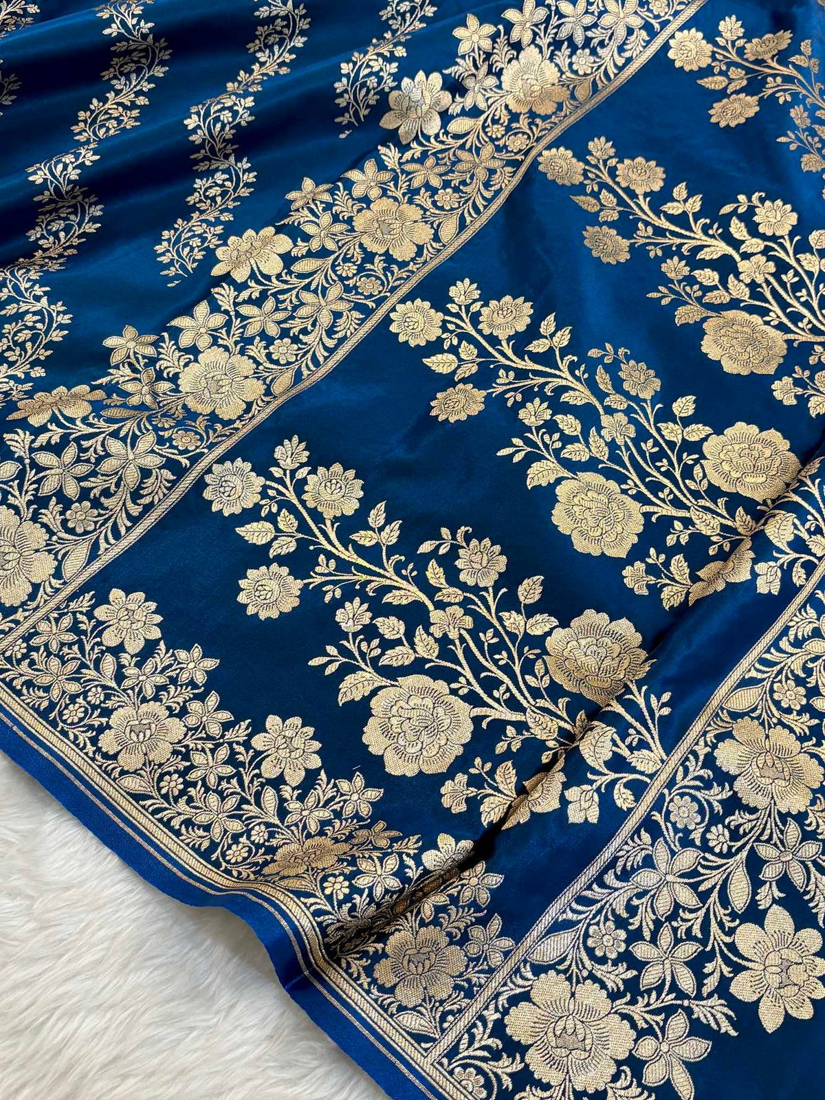 Laheriya Jaal Satin Silk Banarasi Saree Teal Blue Shades