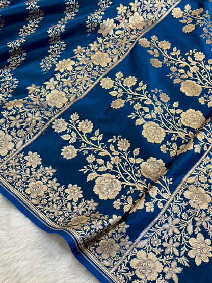 Laheriya Jaal Satin Silk Banarasi Saree Teal Blue Shades