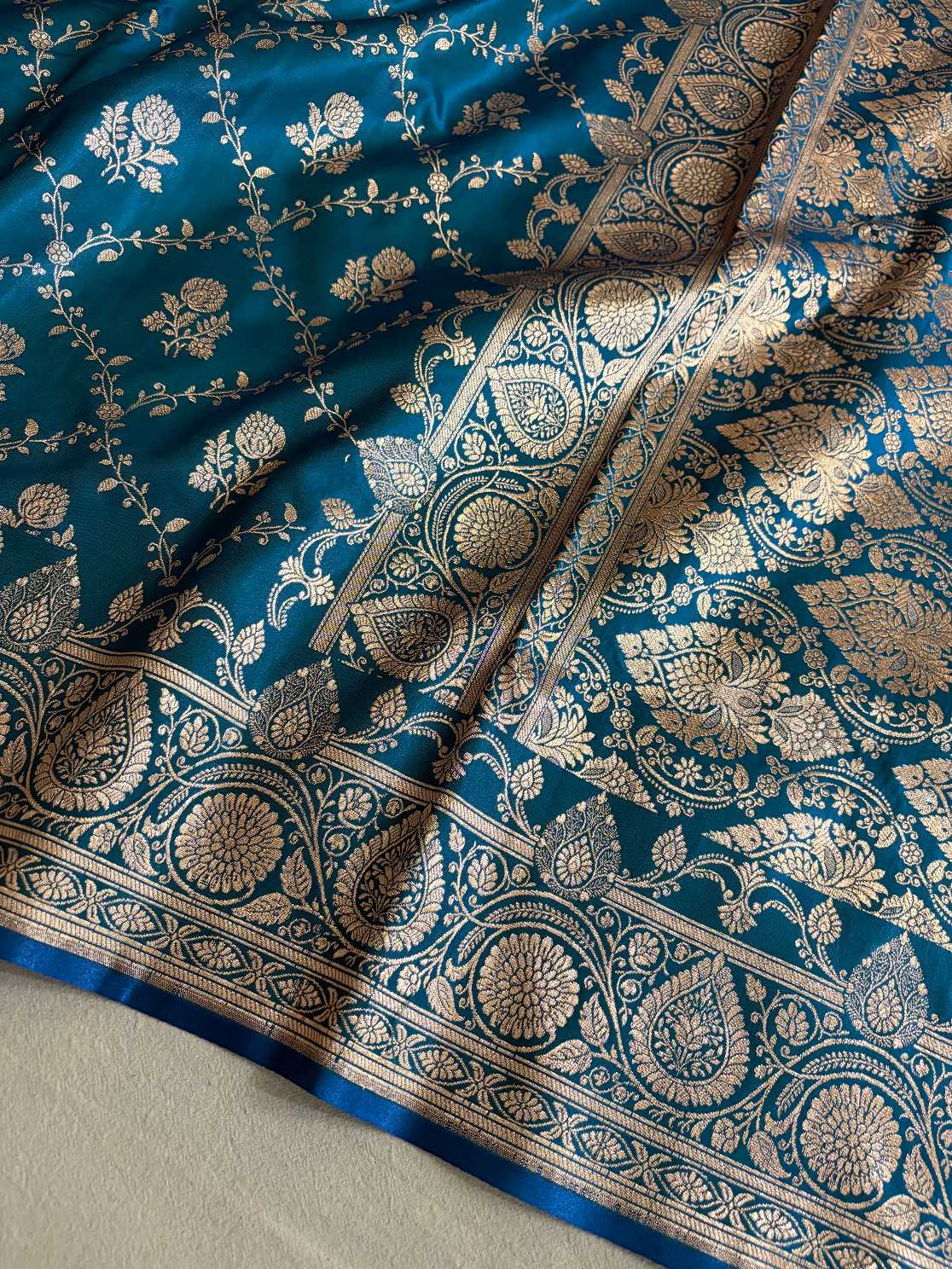 Blue-Green Bel Jaal Satin Silk Banarasi Saree