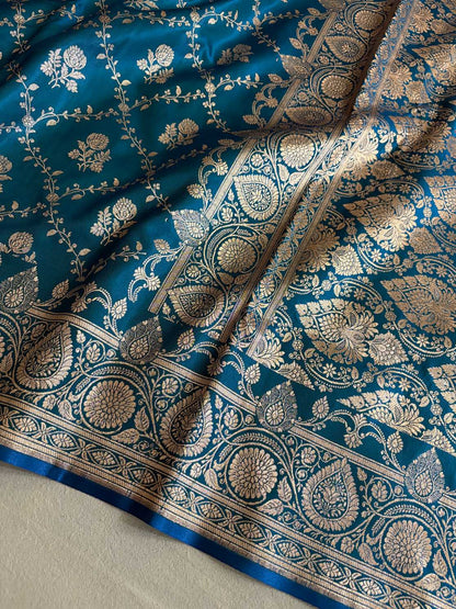 Blue-Green Bel Jaal Satin Silk Banarasi Saree