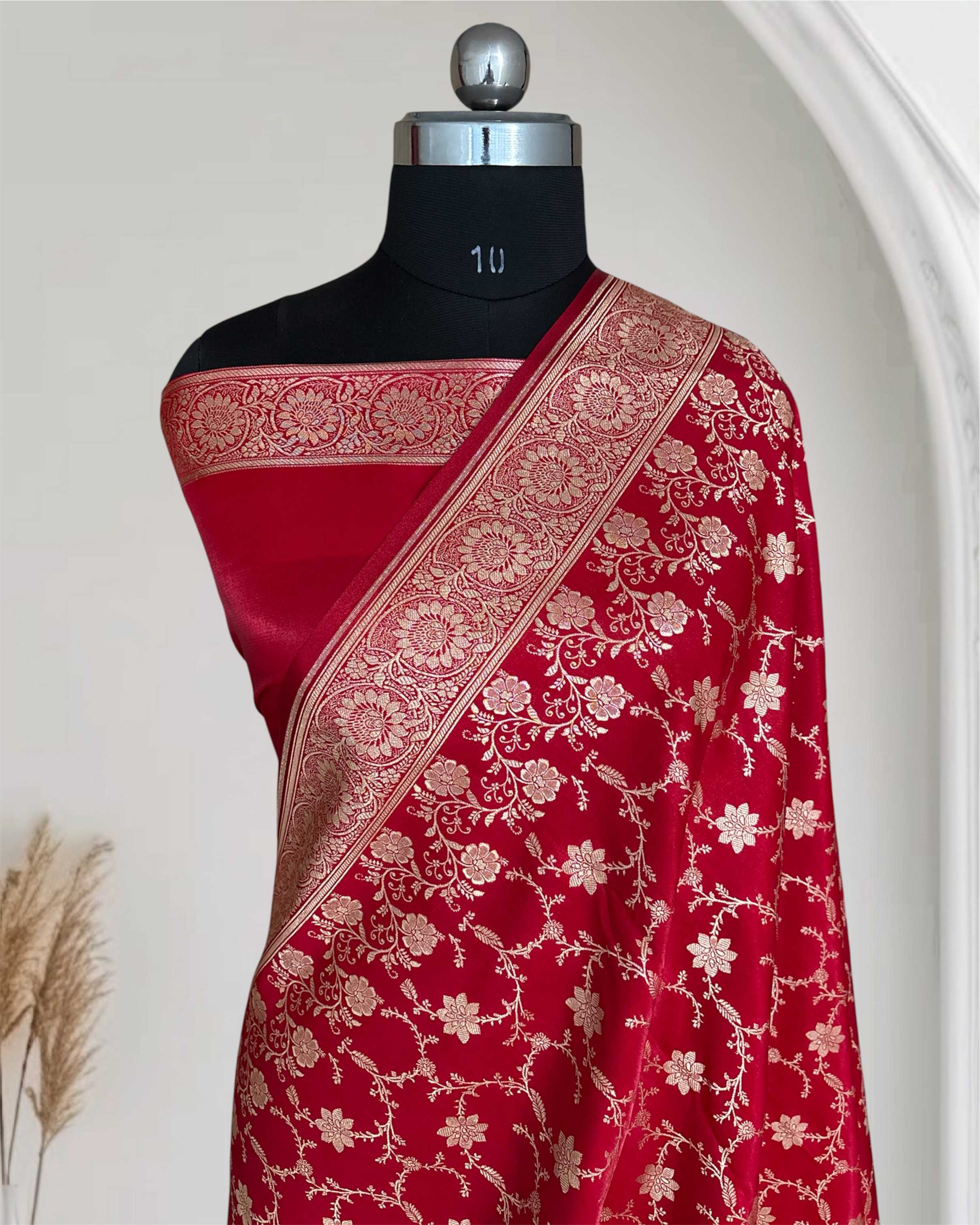 Red Satin Silk Banarasi Saree Floral Swarna Latika Jaal