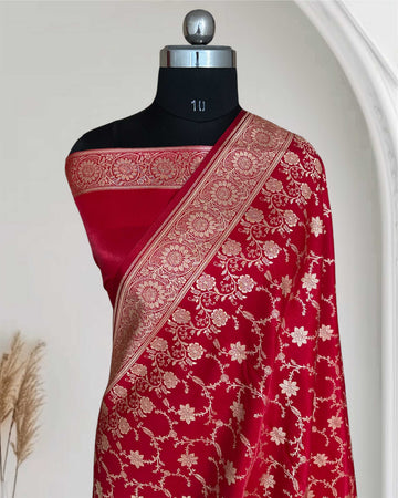 Red Satin Silk Banarasi Saree Floral Swarna Latika Jaal