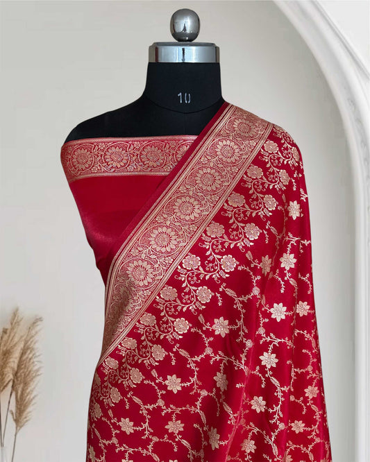 Red Satin Silk Banarasi Saree Floral Swarna Latika Jaal