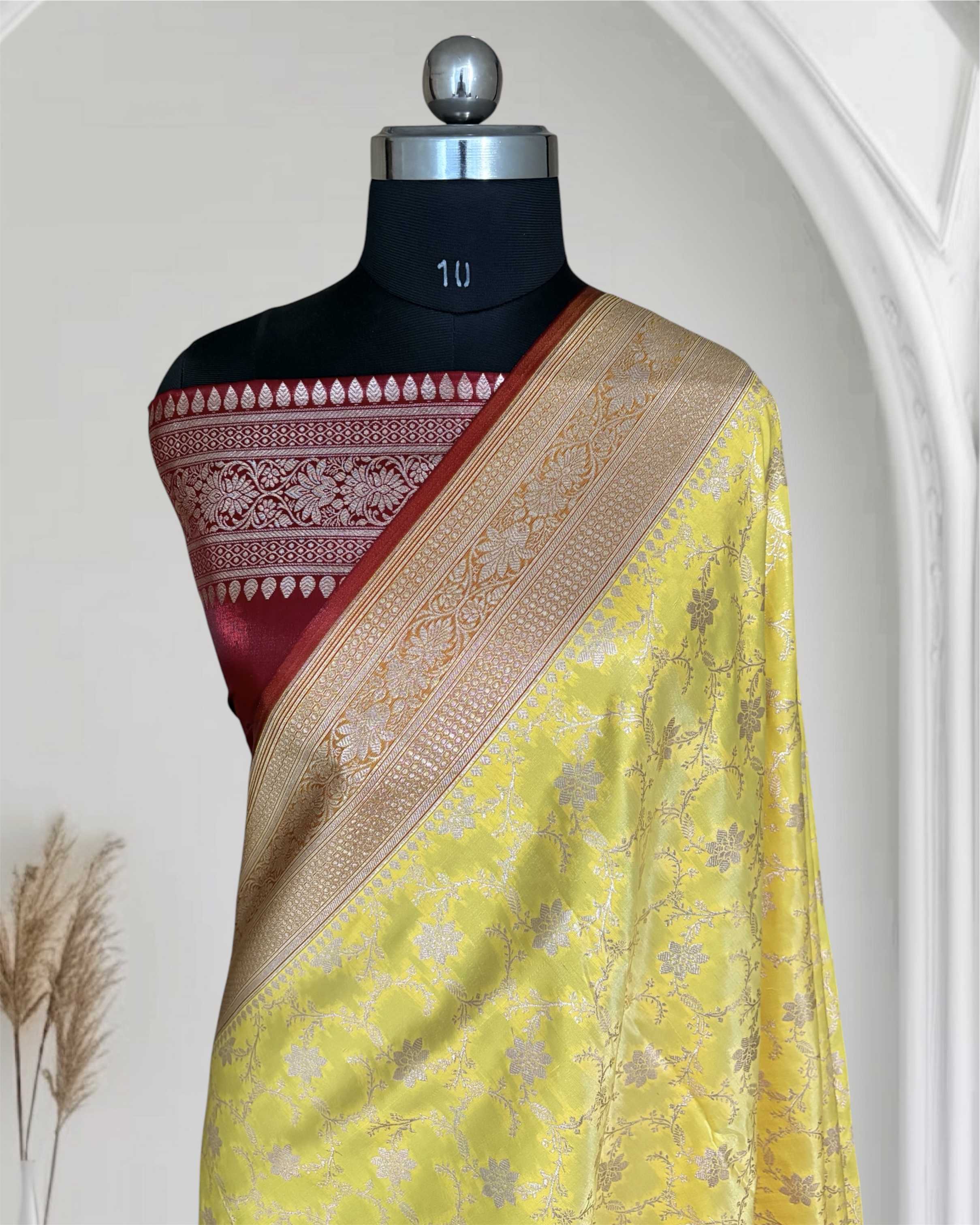 Yellow & Red Satin Silk Banarasi Saree Jaal Pttern