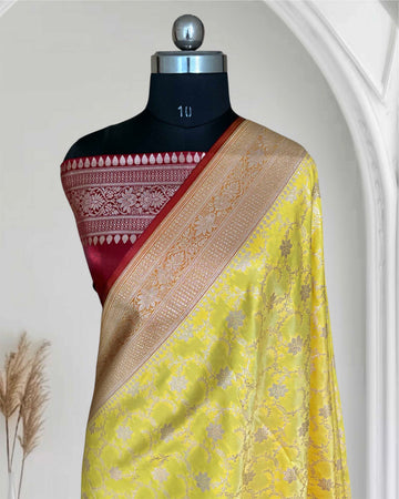 Yellow & Red Satin Silk Banarasi Saree Jaal Pttern