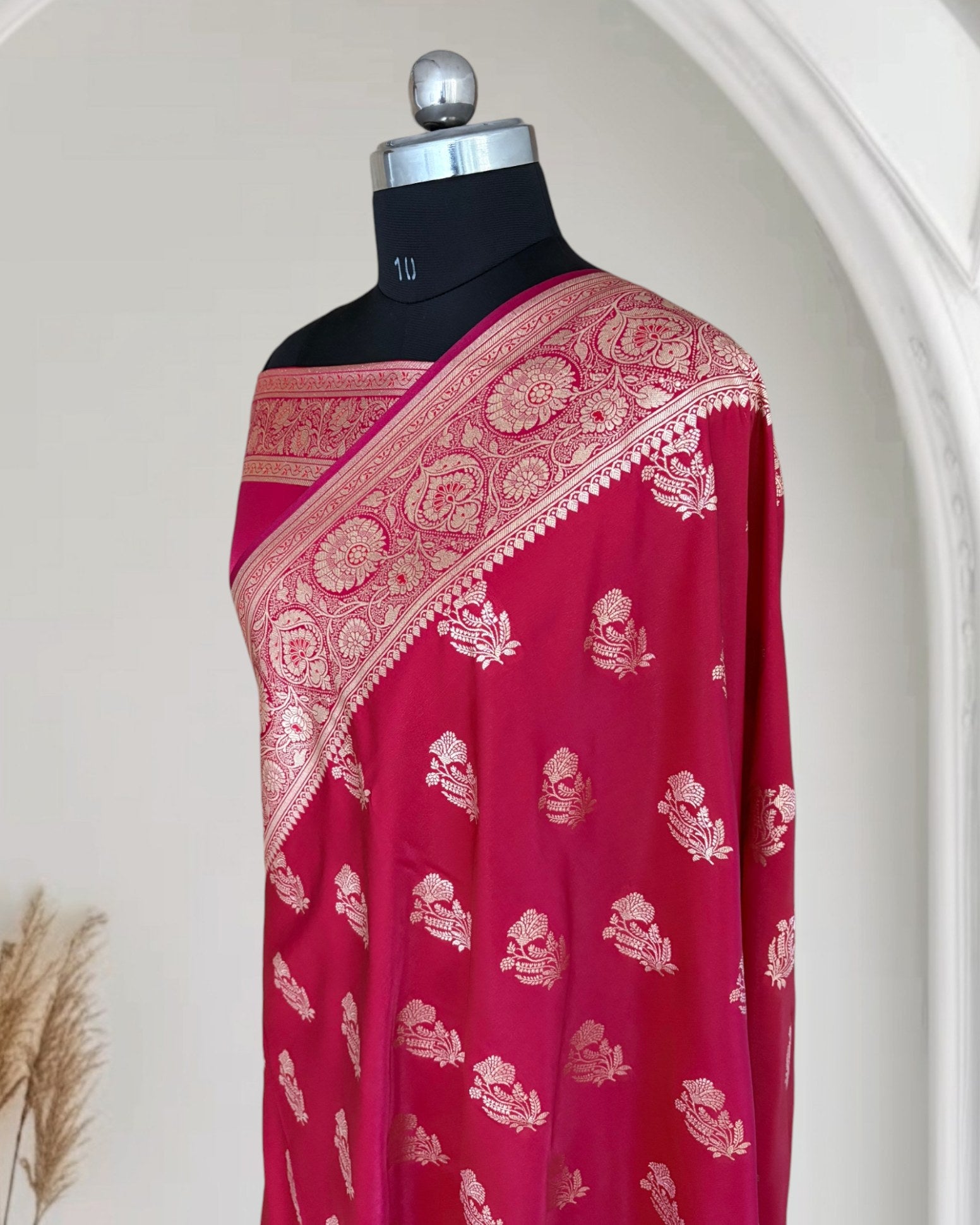 Rani Pink Satin Silk Banarasi Fancy Motif Saree