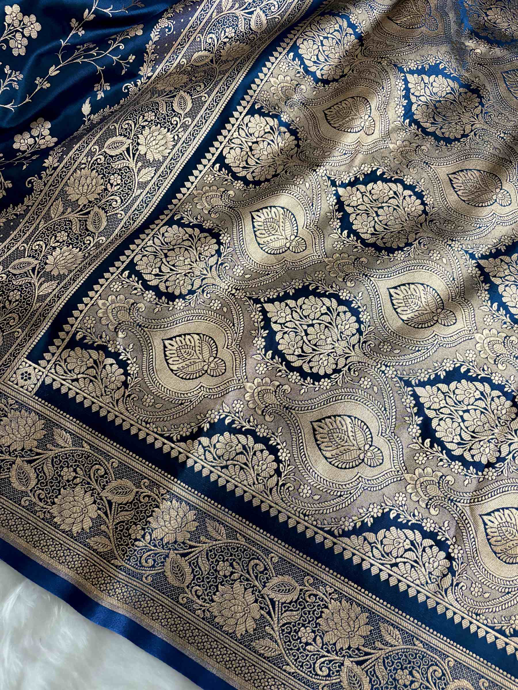 Teal Blue Satin Silk Banarasi Saree – Golden Zari Floral Jaal