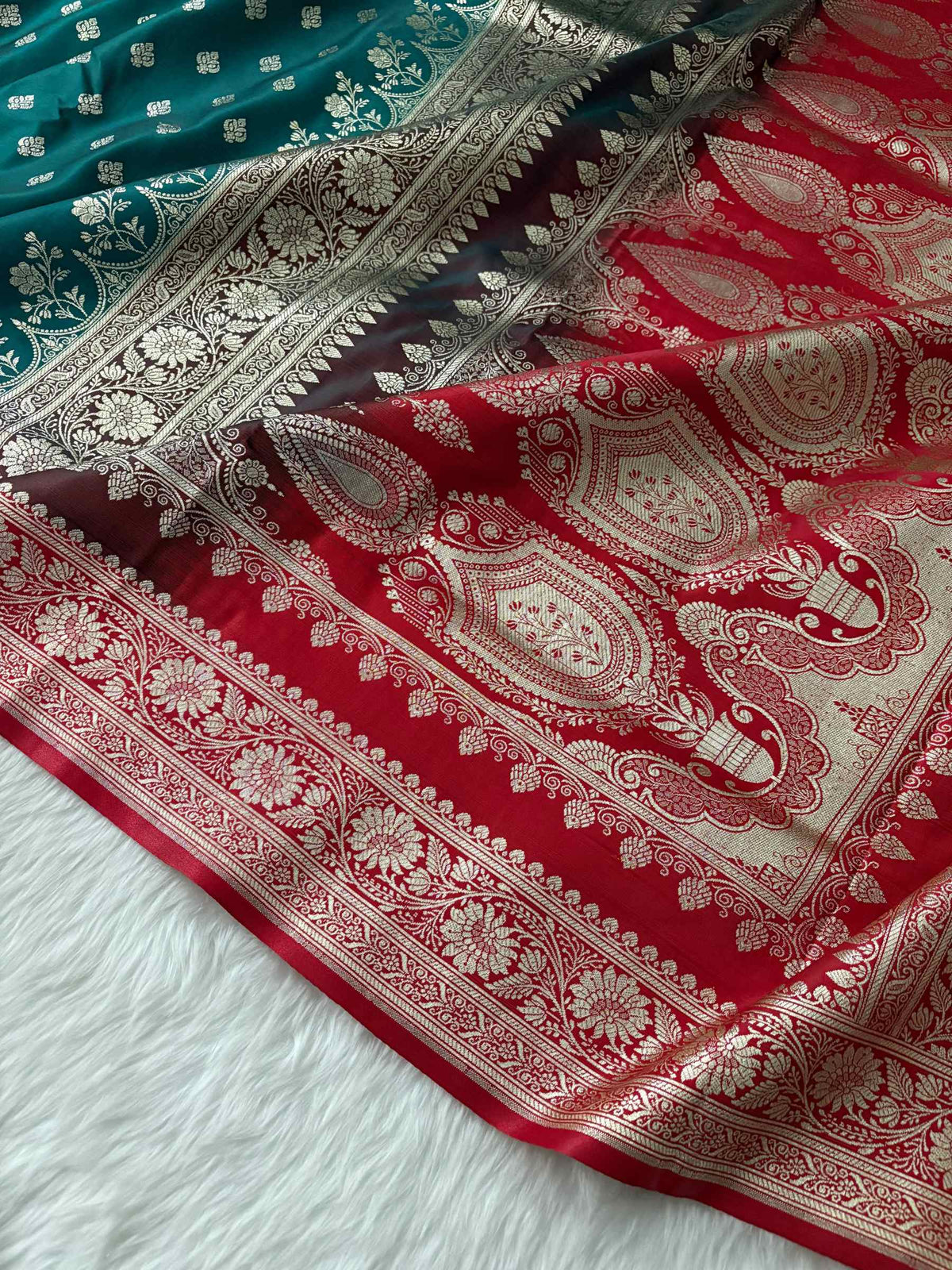 Rama Green & Red Buti Satin Silk Banarasi Saree
