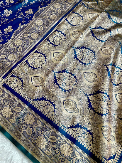 Blue with Green Shaded Dual Tone Satin Silk Banarasi Saree with Jaal Pattern