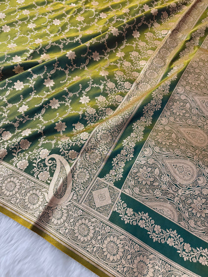 Mongiya Green Satin Silk Banarasi Saree Floral Swarna Latika Jaal