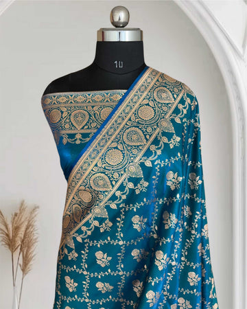 Blue-Green Bel Jaal Satin Silk Banarasi Saree