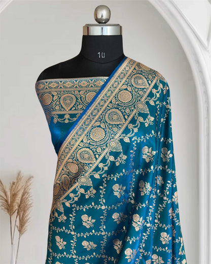 Blue-Green Bel Jaal Satin Silk Banarasi Saree
