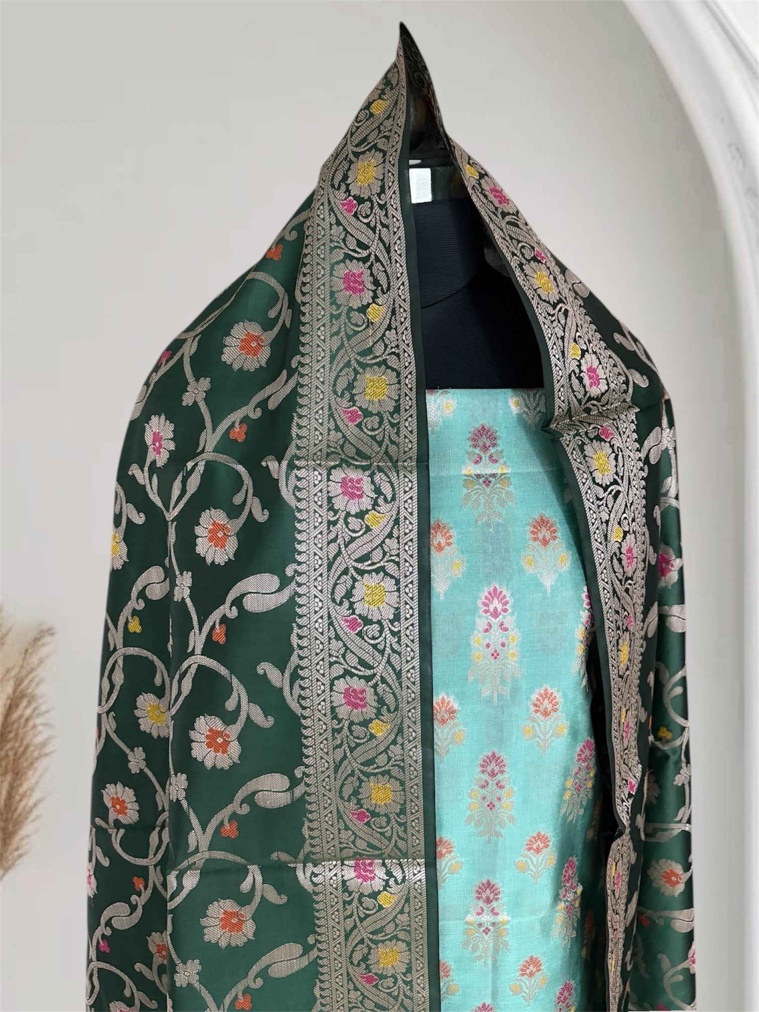 BottleGreen and SheGreen Satin Silk Banarasi Suit