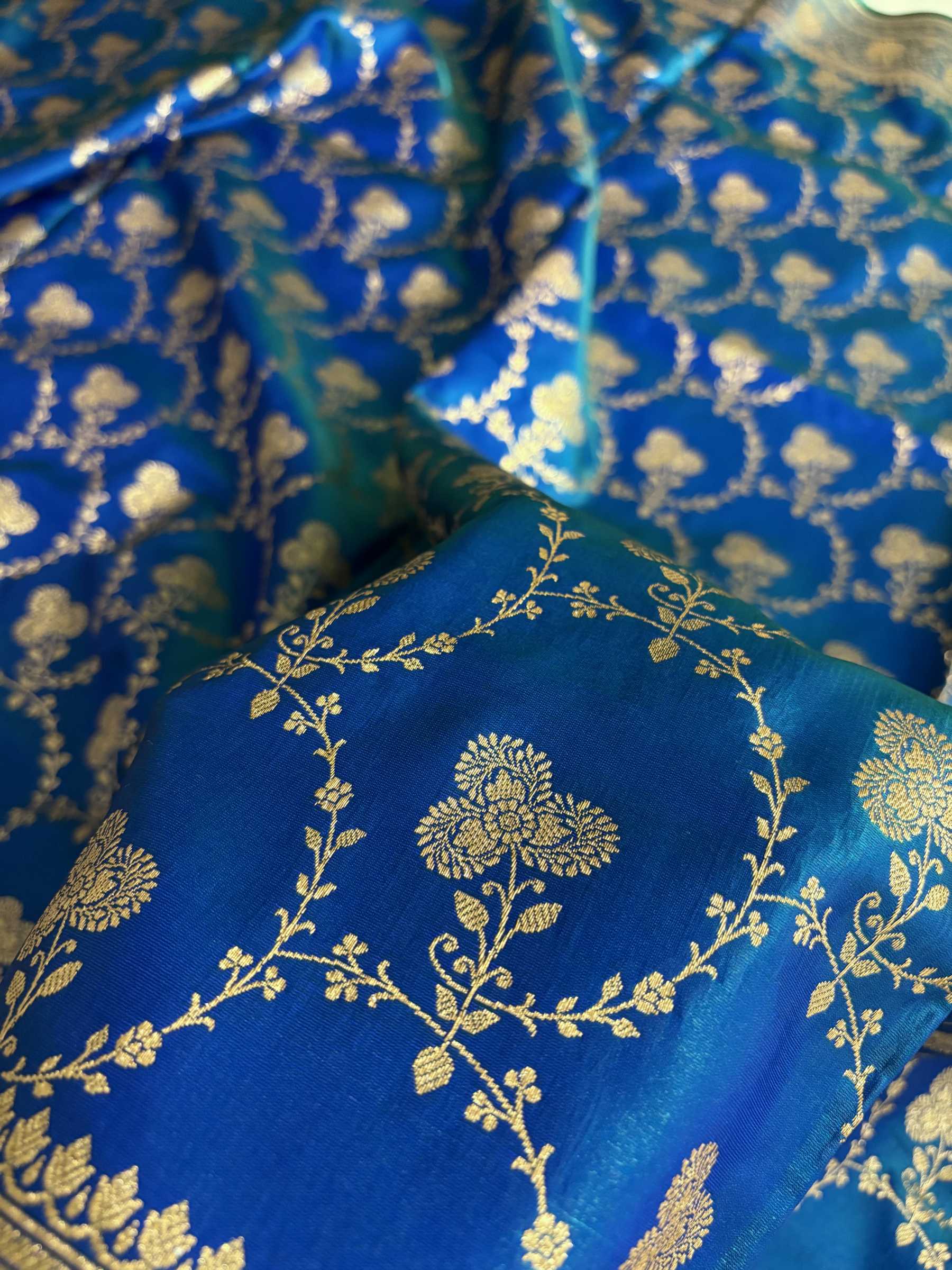 Satin Silk Saree Banarasi Jaal in Peacock blue Shades