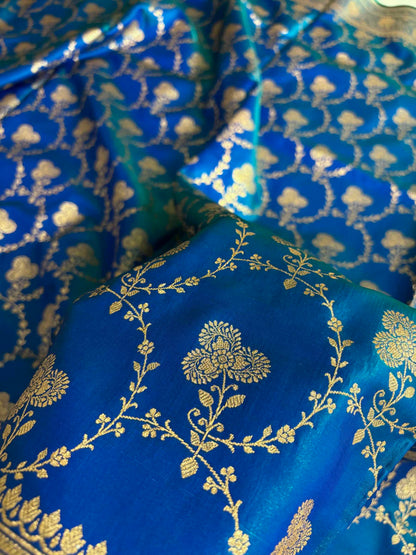 Satin Silk Saree Banarasi Jaal in Peacock blue Shades