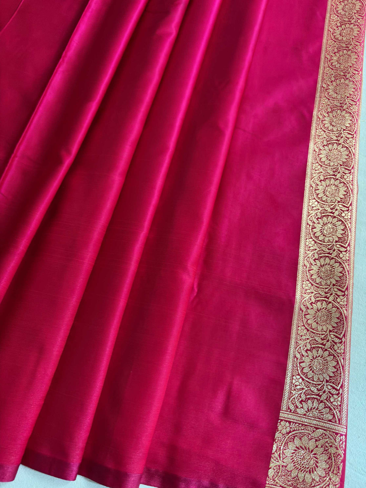 Rani Pink Satin Silk Banarasi Saree Floral Swarna Latika Jaal