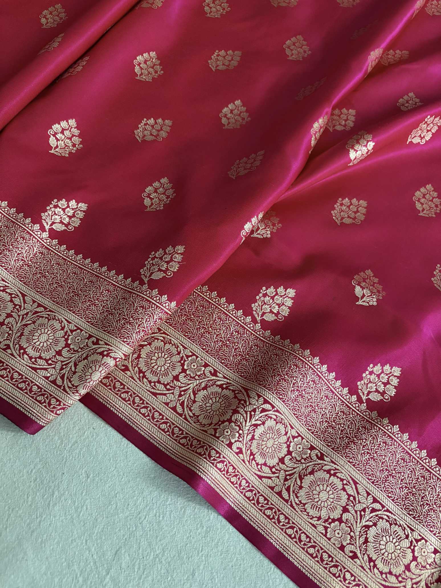 Rani Pink Satin Silk Saree Banarasi Motif