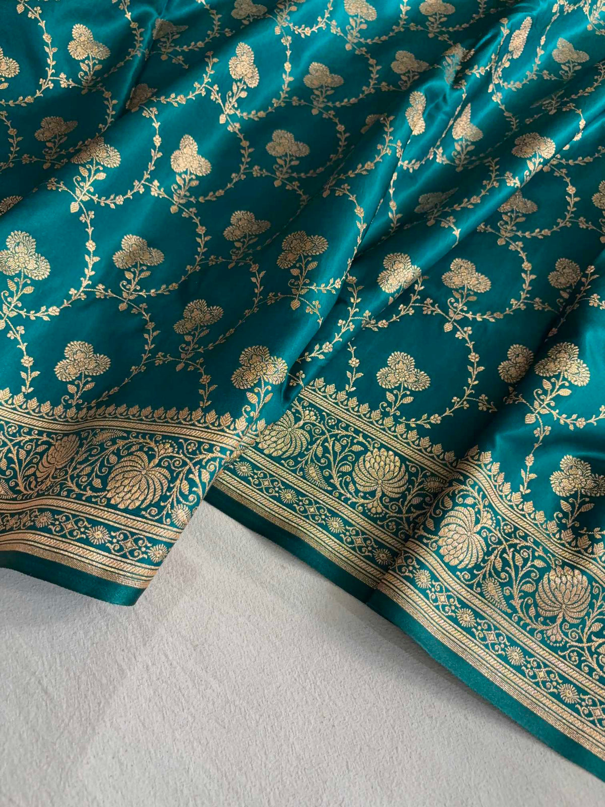 Satin Silk Saree Banarasi Jaal in Rama Green Shades