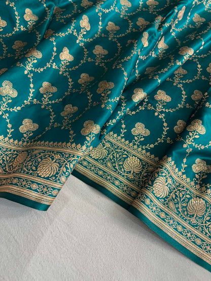 Satin Silk Saree Banarasi Jaal in Rama Green Shades