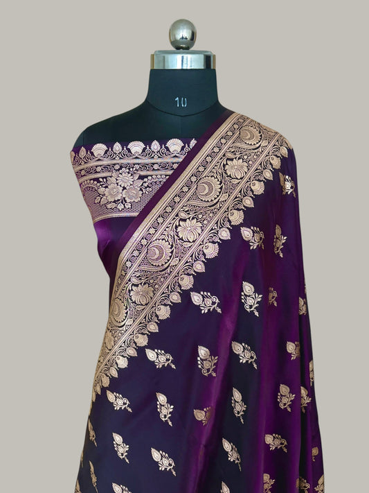 Purple Satin Silk Banarasi Saree – Full Golden Zari Buti Work