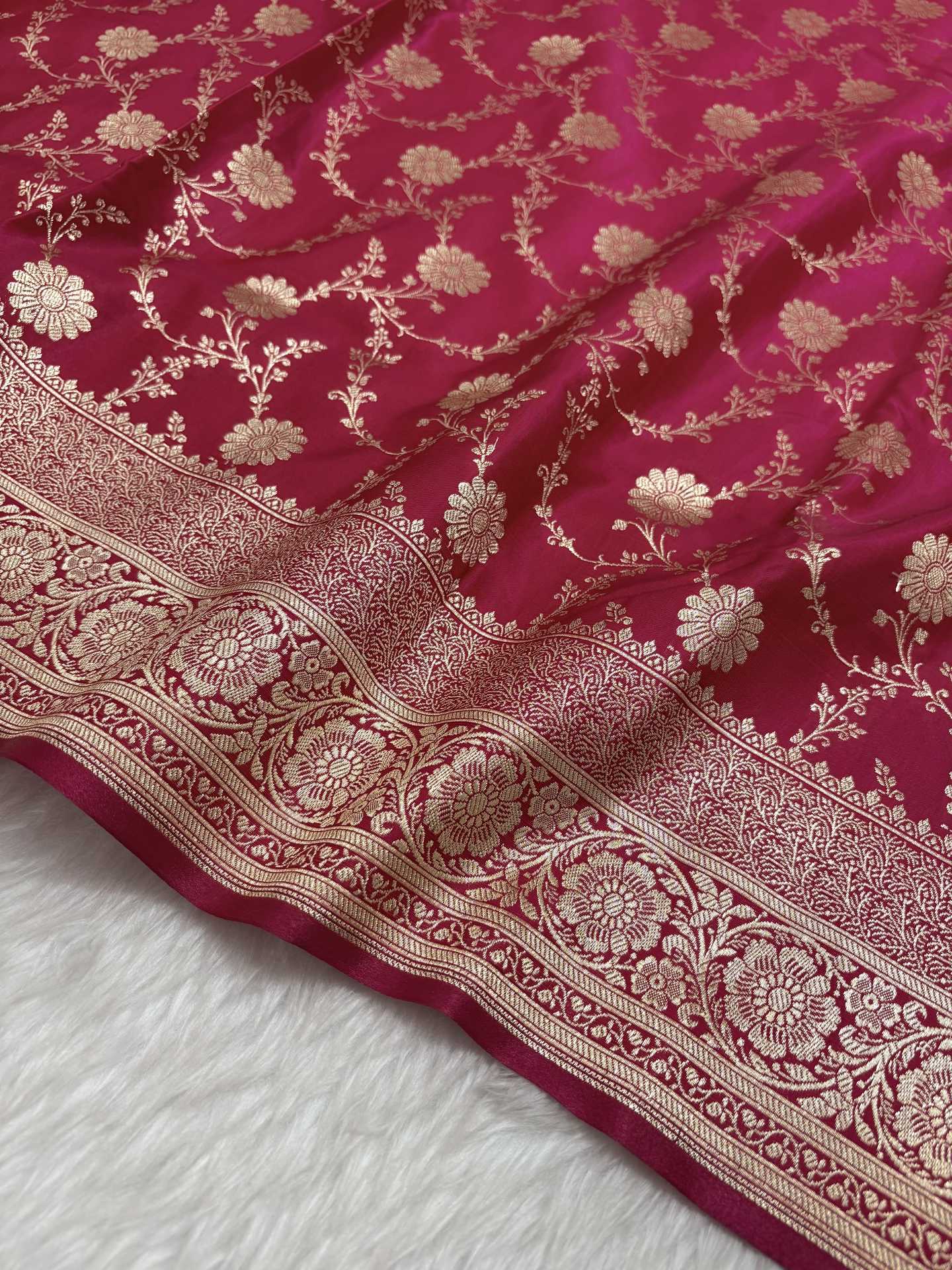 Rani Pink Satin Silk Banarasi Saree with Golden Zari Floral Bel Jaal