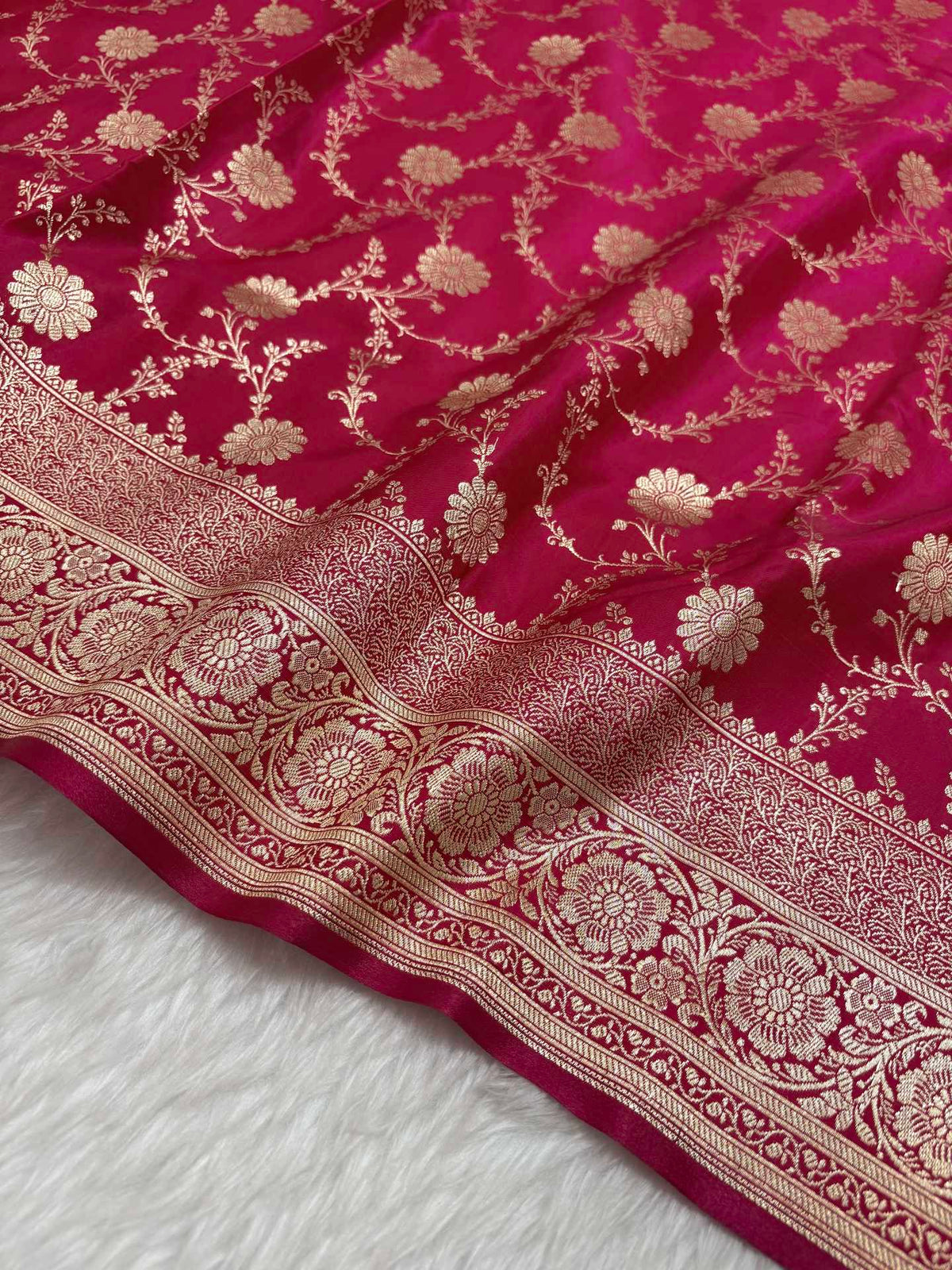 Rani Pink Satin Silk Banarasi Saree with Golden Zari Floral Bel Jaal