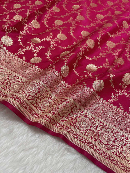 Rani Pink Satin Silk Banarasi Saree with Golden Zari Floral Bel Jaal