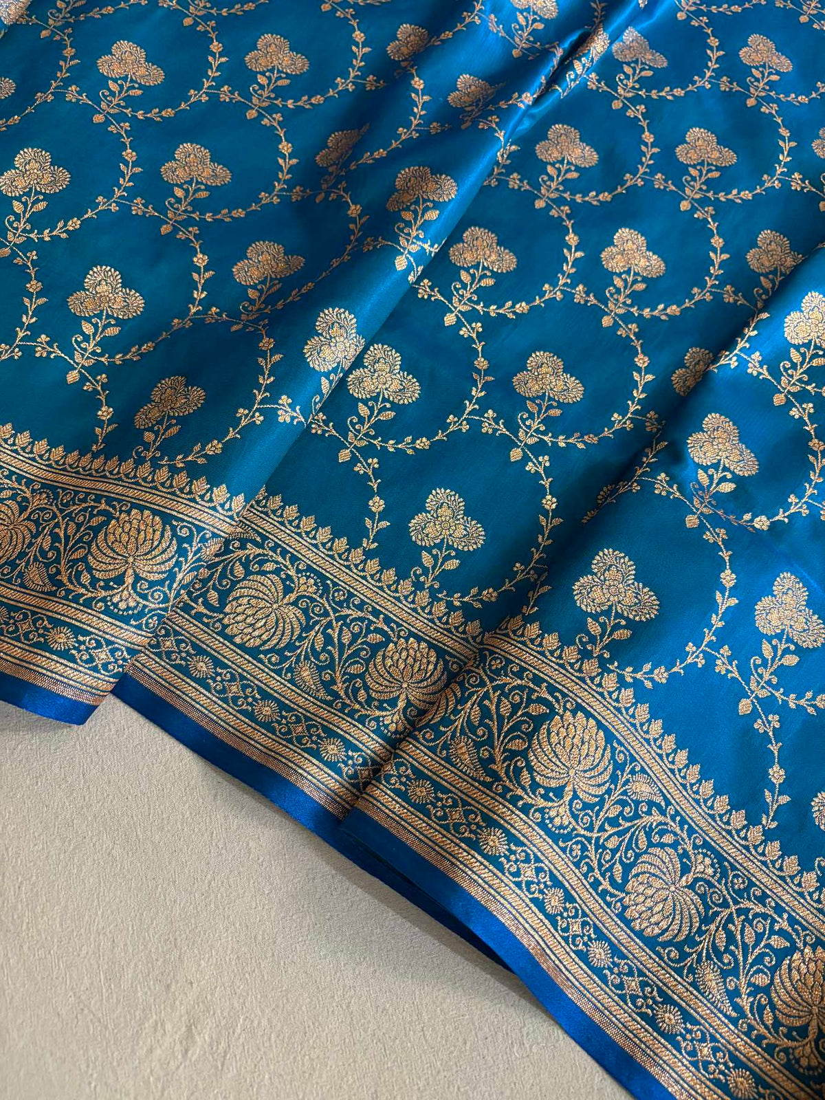Satin Silk Saree Banarasi Jaal in Firozi Shades