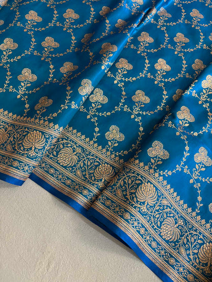 Satin Silk Saree Banarasi Jaal in Firozi Shades