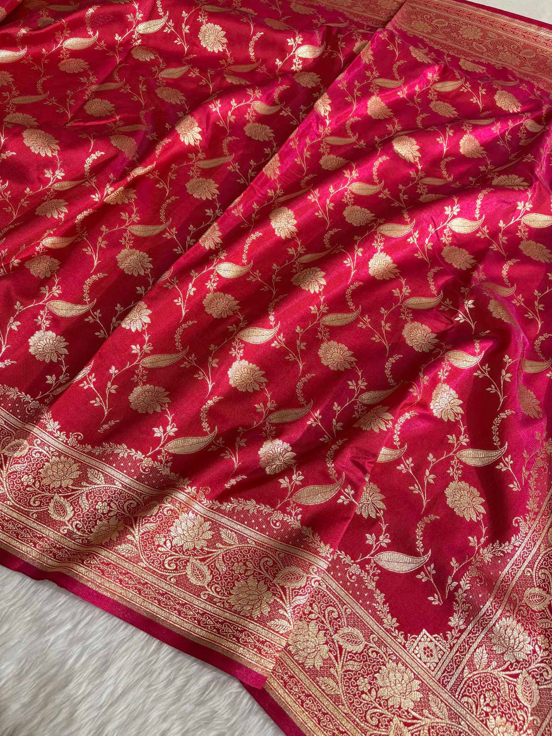 Rani Pink Satin Silk Banarasi Saree with Golden Zari Classic Jaal