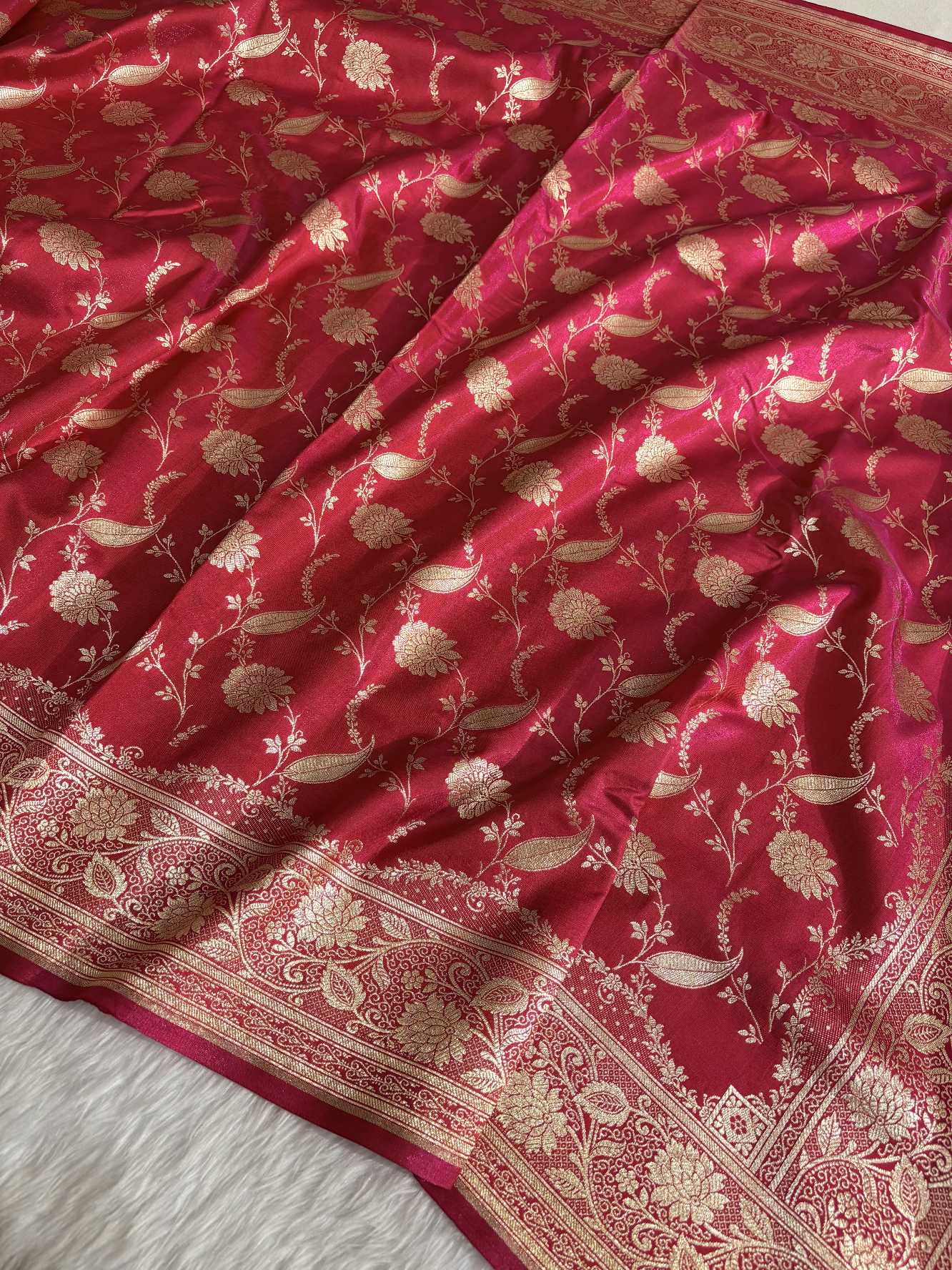 Rani Pink Satin Silk Banarasi Saree with Golden Zari Classic Jaal