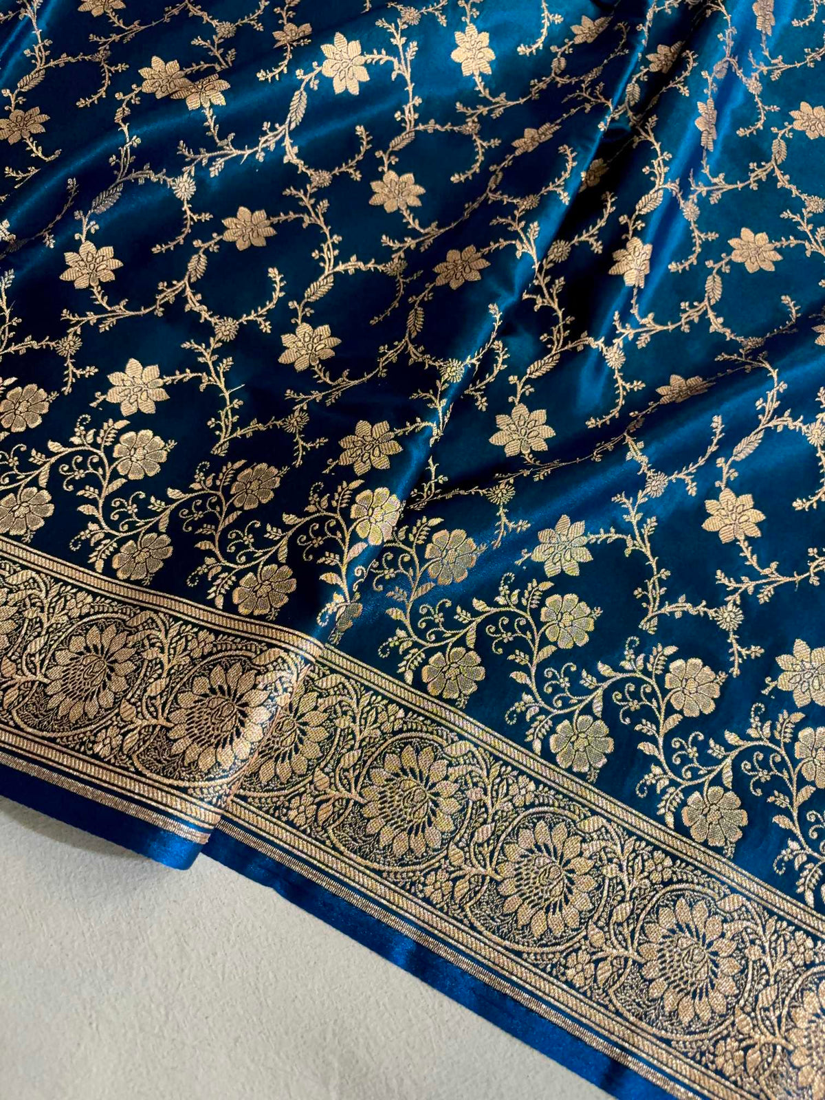 Teal Blue Satin Silk Banarasi Saree Floral Swarna Latika Jaal