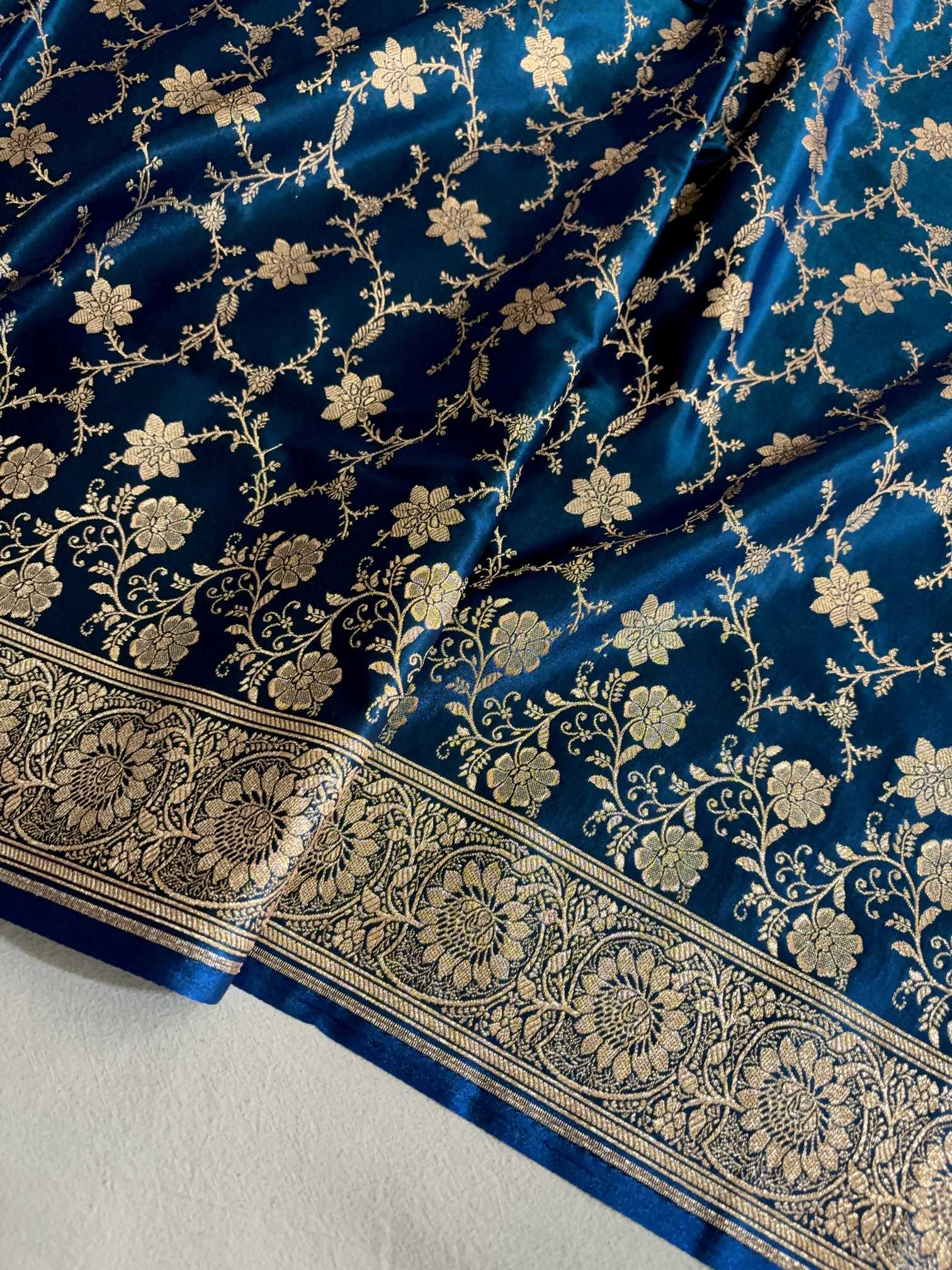 Teal Blue Satin Silk Banarasi Saree Floral Swarna Latika Jaal