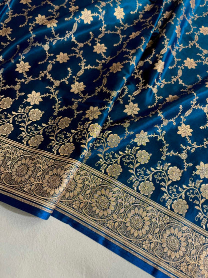 Teal Blue Satin Silk Banarasi Saree Floral Swarna Latika Jaal