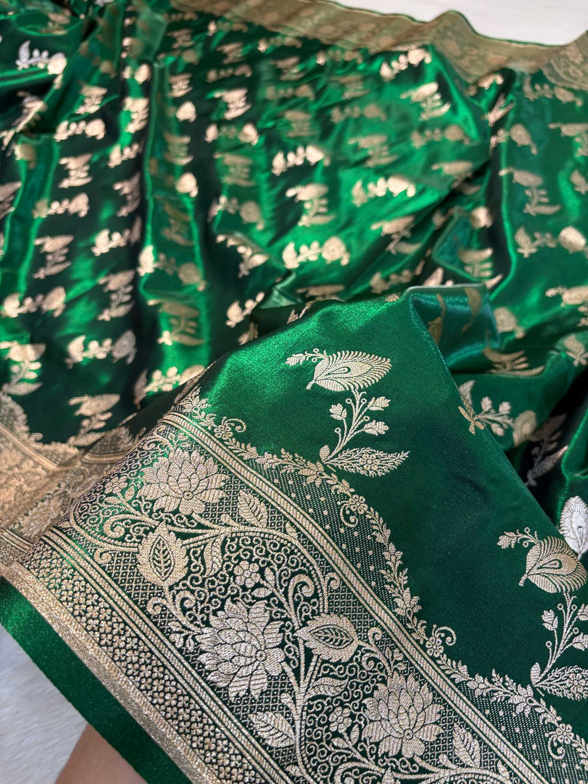 MorPhank Botel Green Satin Silk Banarasi Saree with Golden Zari