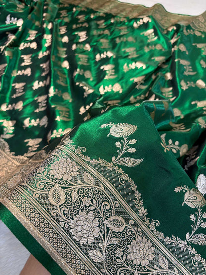MorPhank Botel Green Satin Silk Banarasi Saree with Golden Zari