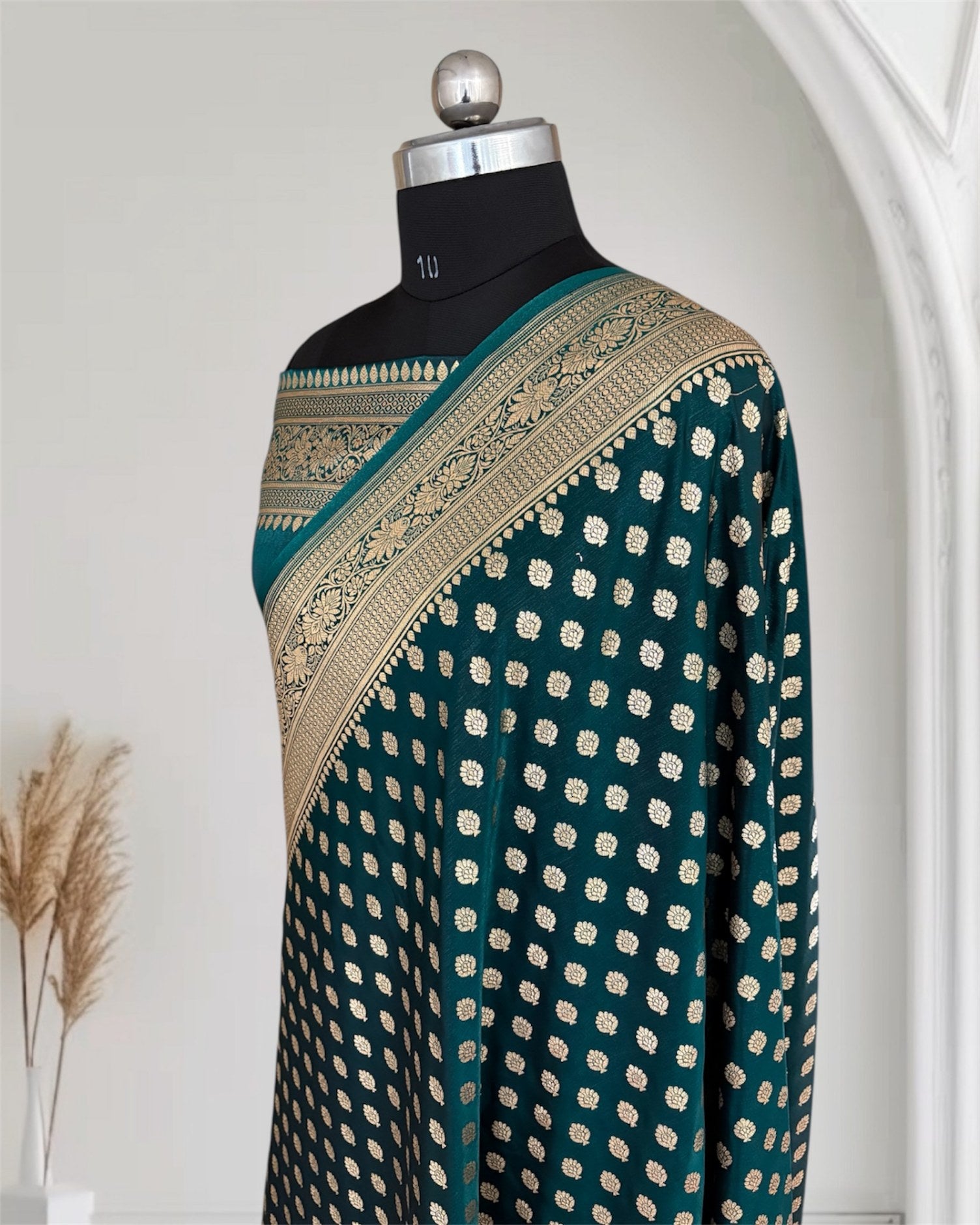 Teal Green Satin Silk Banarasi Motif Saree
