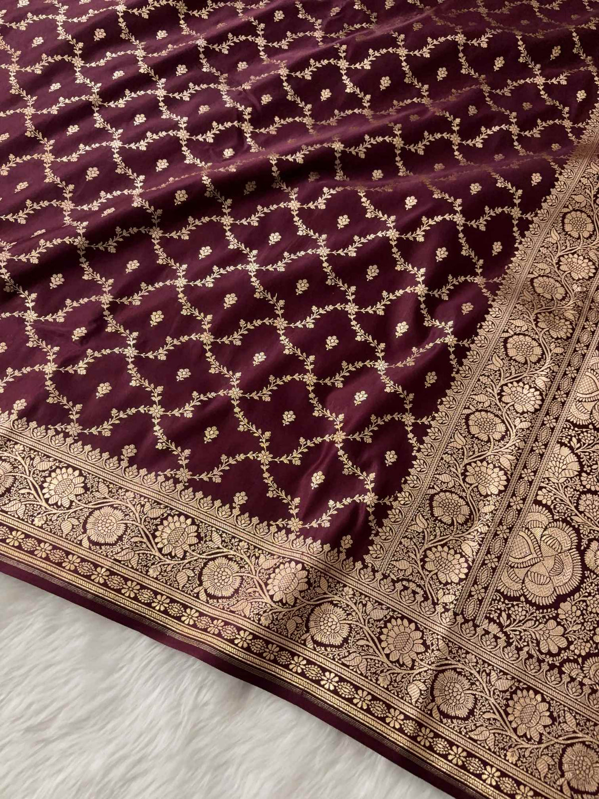 Brown Katan Silk Banarasi Saree Chaukri Jaal