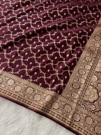 Brown Katan Silk Banarasi Saree Chaukri Jaal