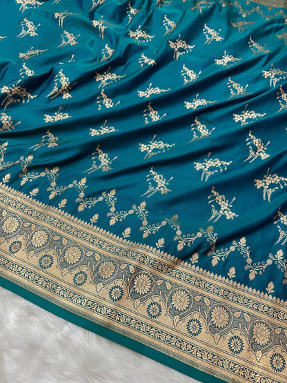 Blue-Green Soft Kataan Silk Banarasi Saree