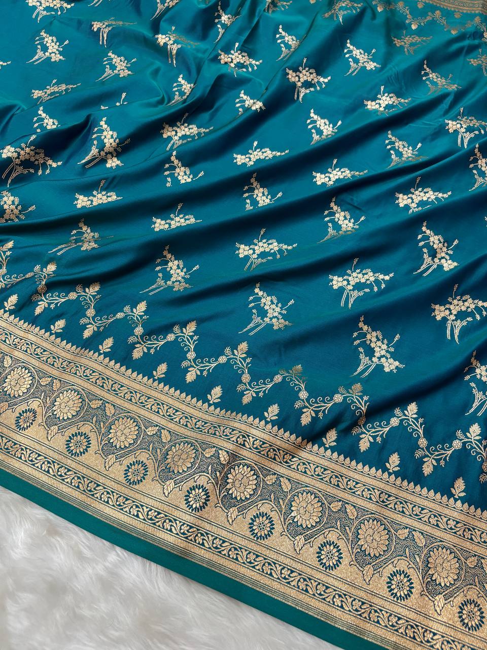 Blue-Green Soft Kataan Silk Banarasi Saree