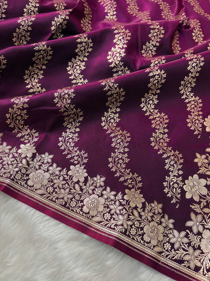Laheriya Jaal Satin Silk Banarasi Saree Wine Shades
