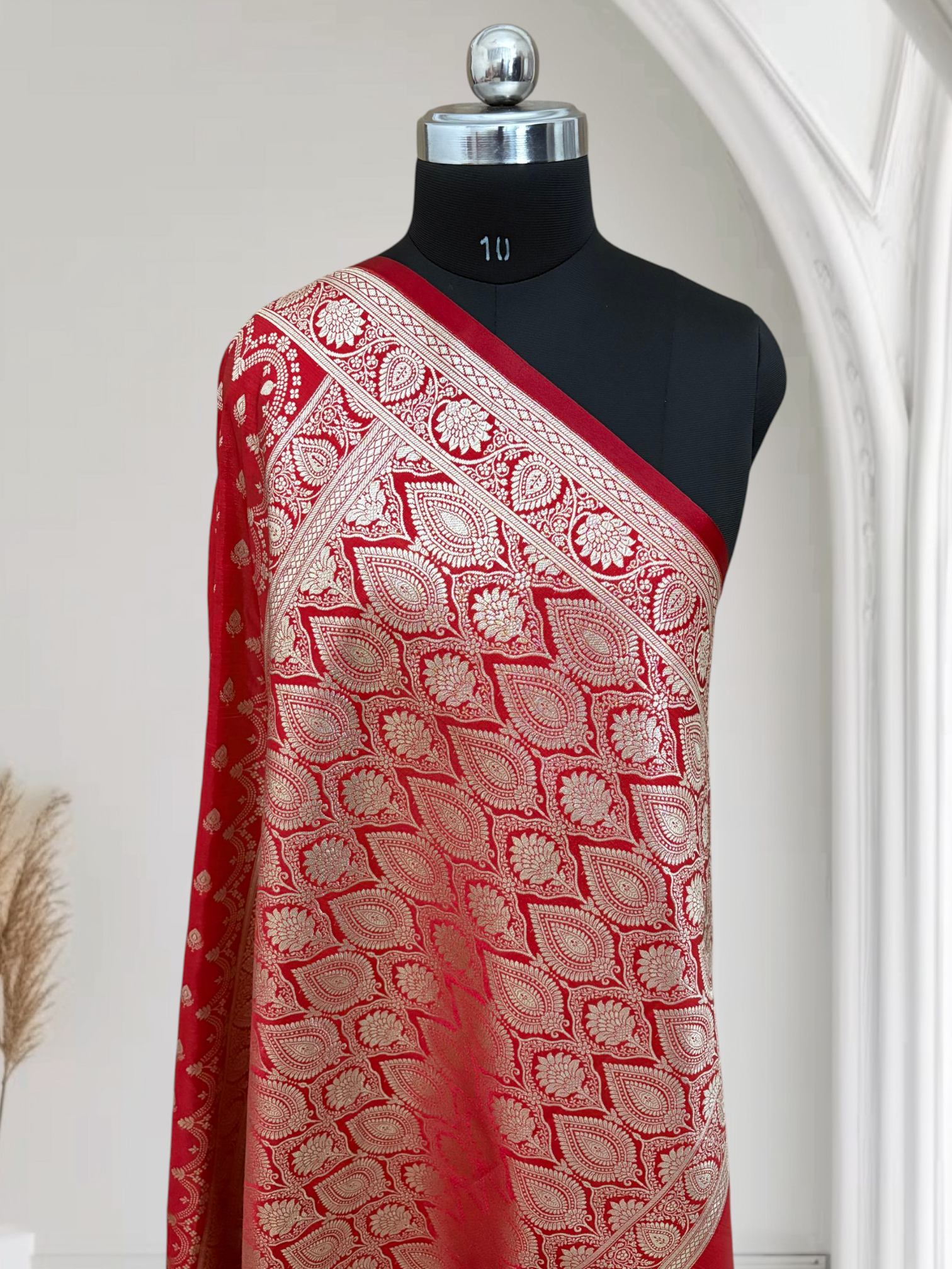 Red Satin Silk Banarasi Saree Motif Buti