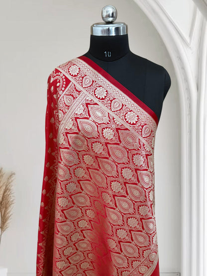 Red Satin Silk Banarasi Saree Motif Buti