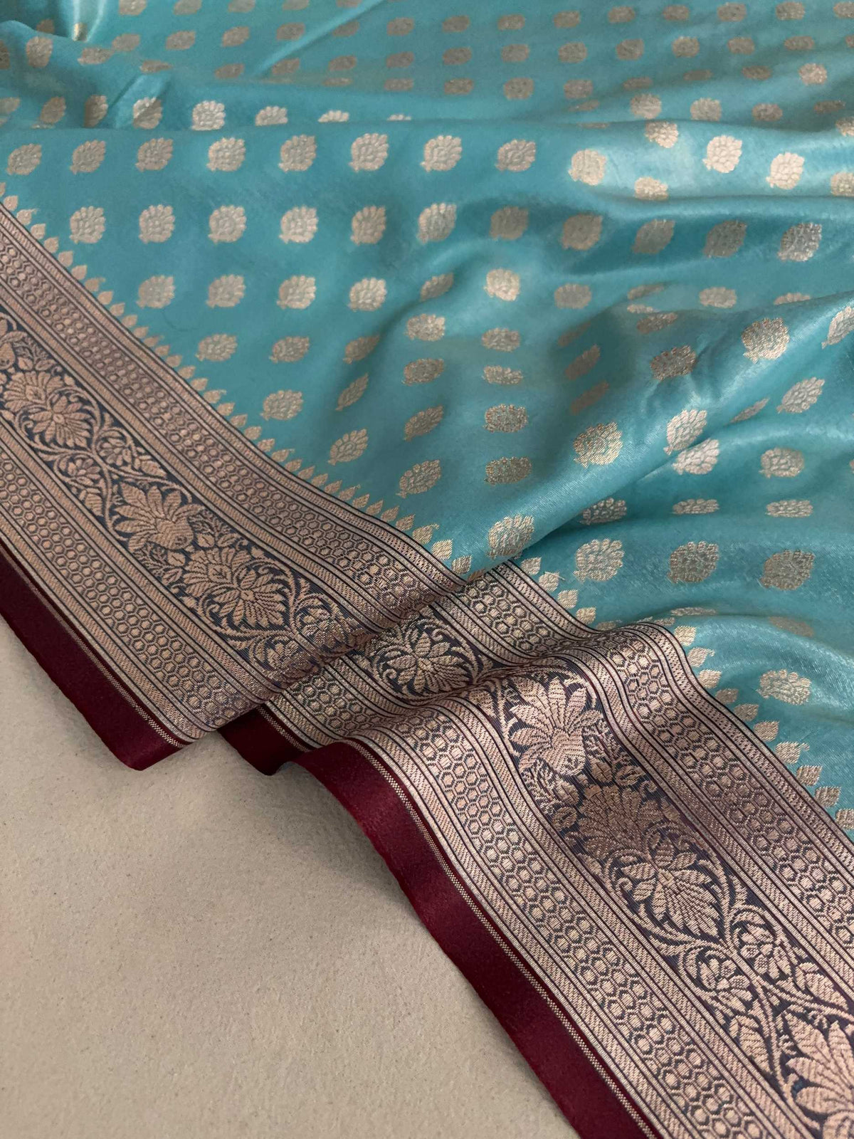 Light Firozi & Maroon Motif Satin Silk Banarasi Saree