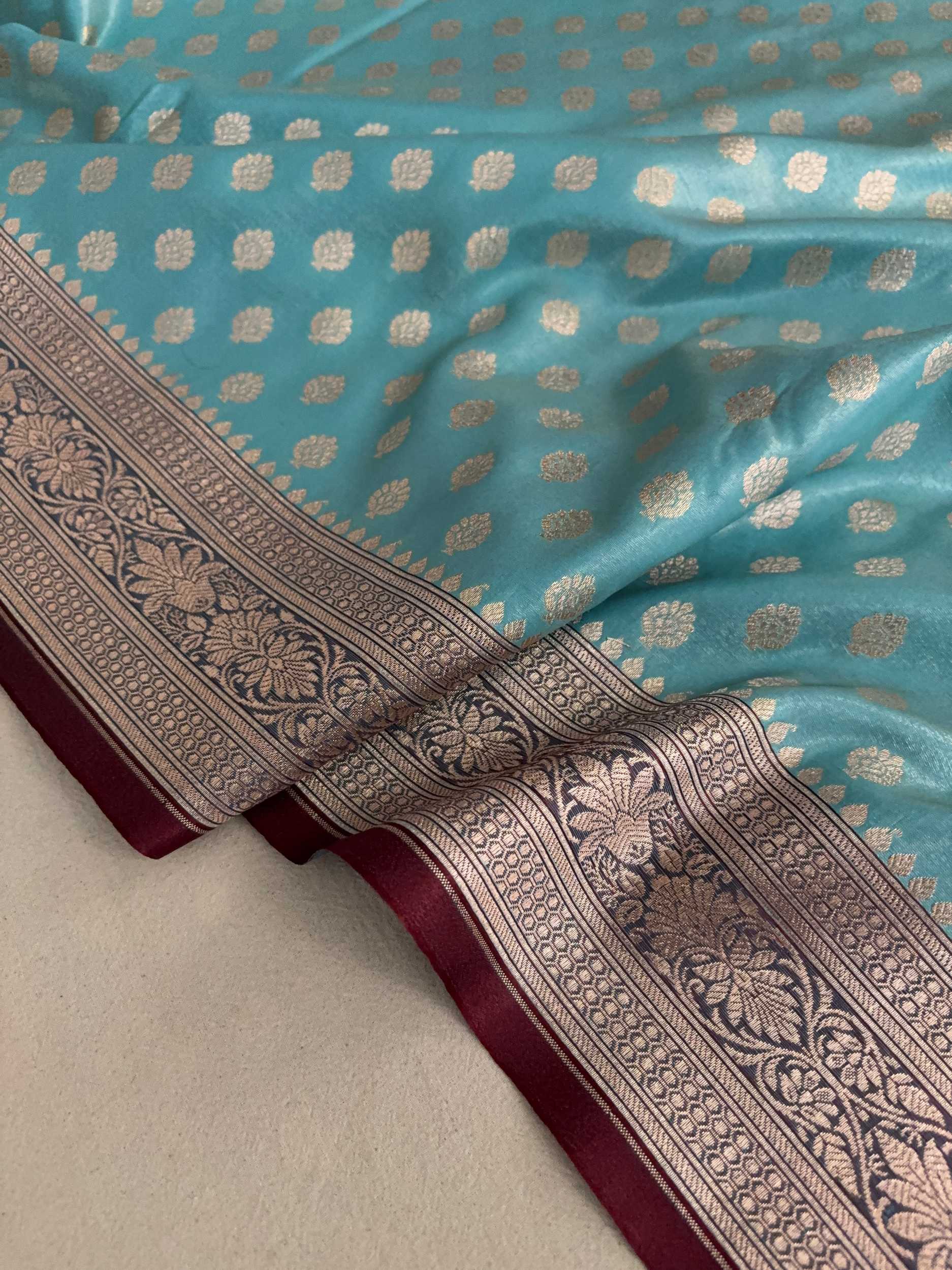 Light Firozi & Maroon Motif Satin Silk Banarasi Saree