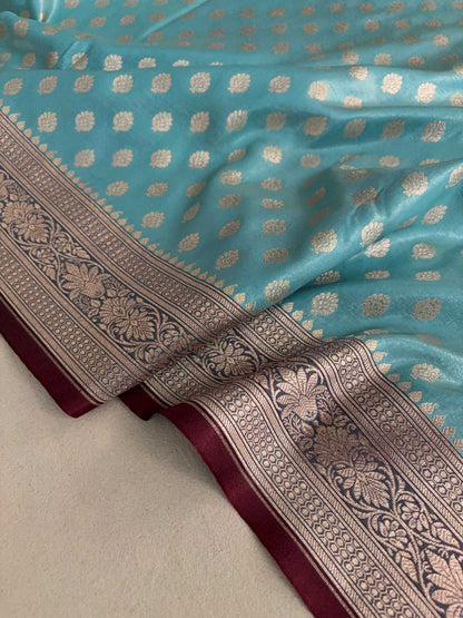 Light Firozi & Maroon Motif Satin Silk Banarasi Saree