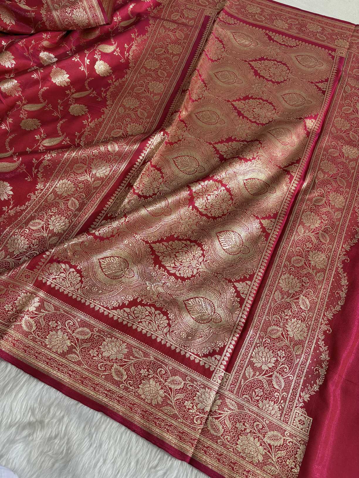 Rani Pink Satin Silk Banarasi Saree with Golden Zari Classic Jaal