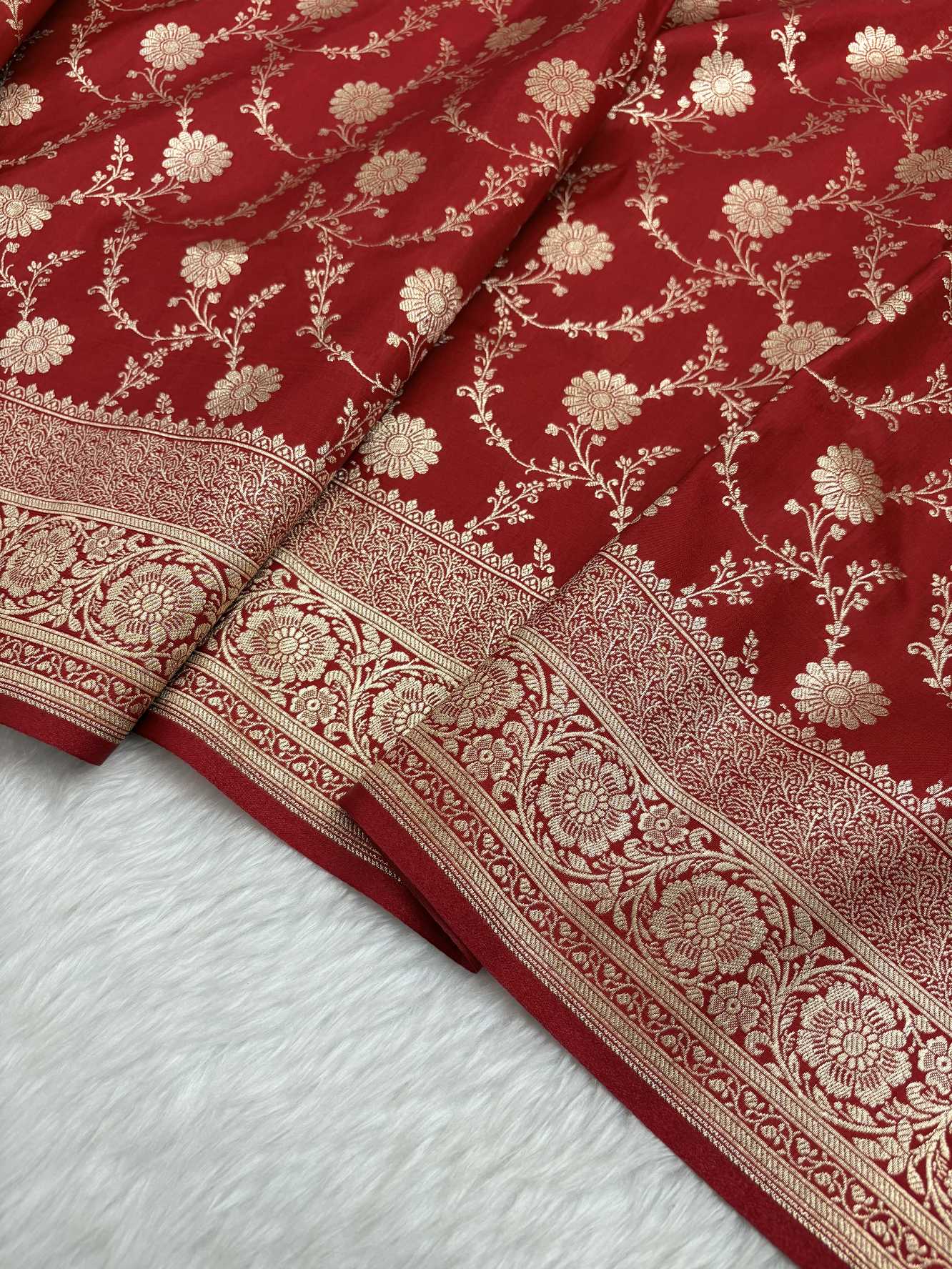 Red Satin Silk Banarasi Saree with Golden Zari Floral Bel Jaal